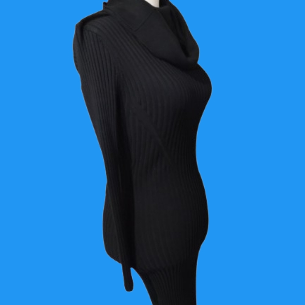 NWOT Black Ribbed Cowl Neck SweaterDress, Designer Made, Quality, Small - Picture 8 of 9
